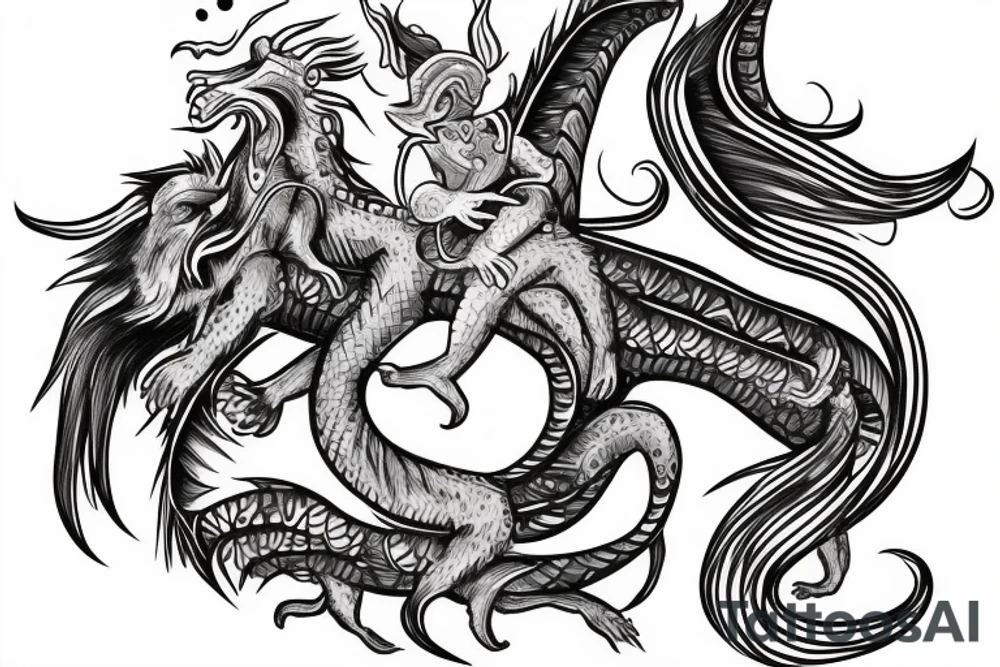 zodiac dragon with a monkey riding his back holding reins tattoo idea