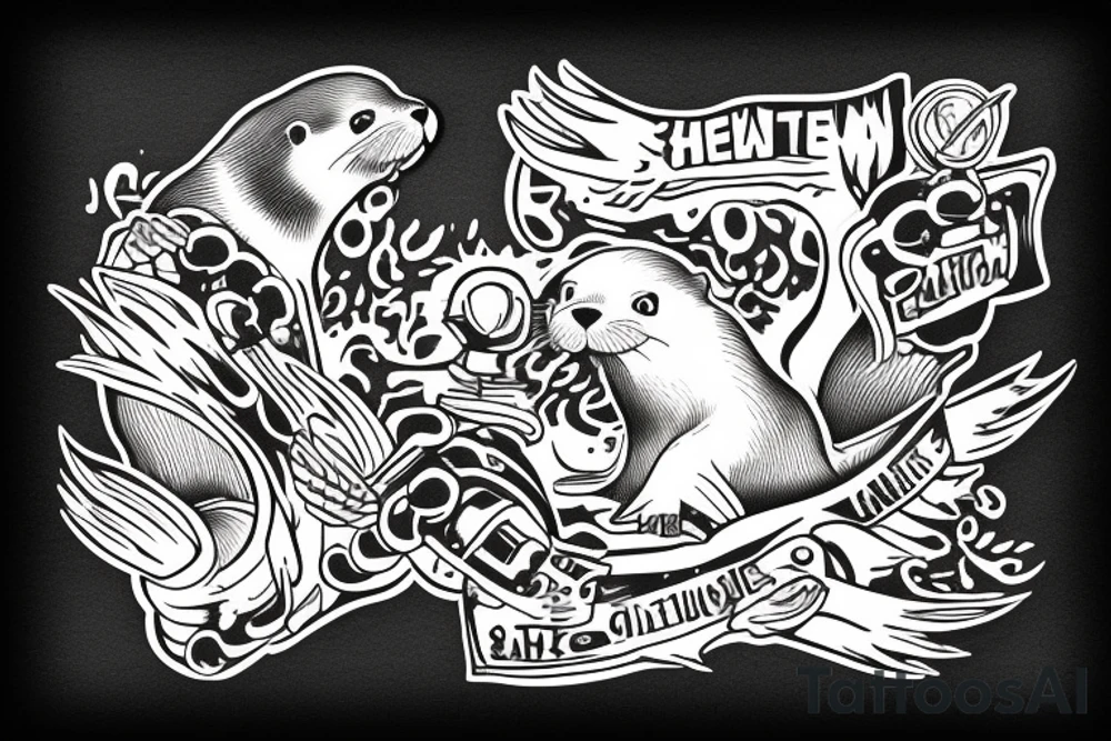 An otter holds a gasoline saw and stand on her backpaws tattoo idea