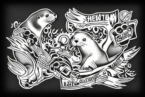 An otter holds a gasoline saw and stand on her backpaws tattoo idea