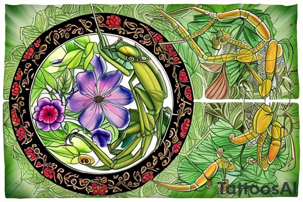 The tattoo is a depiction of a praying mantis in the center, surrounded by a ring of flowers and leaves. The praying mantis is a symbol of patience, focus, and spiritual insight. The flowers and leaves represent the connection to nature and the cycles of life. The mantis is being embraced by the plants and flowers, symbolizing the harmony and balance that Ryul strives to achieve in his connection to nature. The tattoo is a mix of green, brown and yellow, representing the forest and the life that it holds. tattoo idea