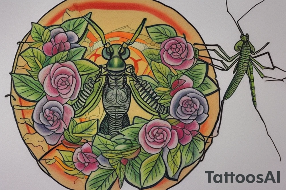 The tattoo is a depiction of a praying mantis in the center, surrounded by a ring of flowers and leaves. The praying mantis is a symbol of patience, focus, and spiritual insight. The flowers and leaves represent the connection to nature and the cycles of life. The mantis is being embraced by the plants and flowers, symbolizing the harmony and balance that Ryul strives to achieve in his connection to nature. The tattoo is a mix of green, brown and yellow, representing the forest and the life that it holds. tattoo idea