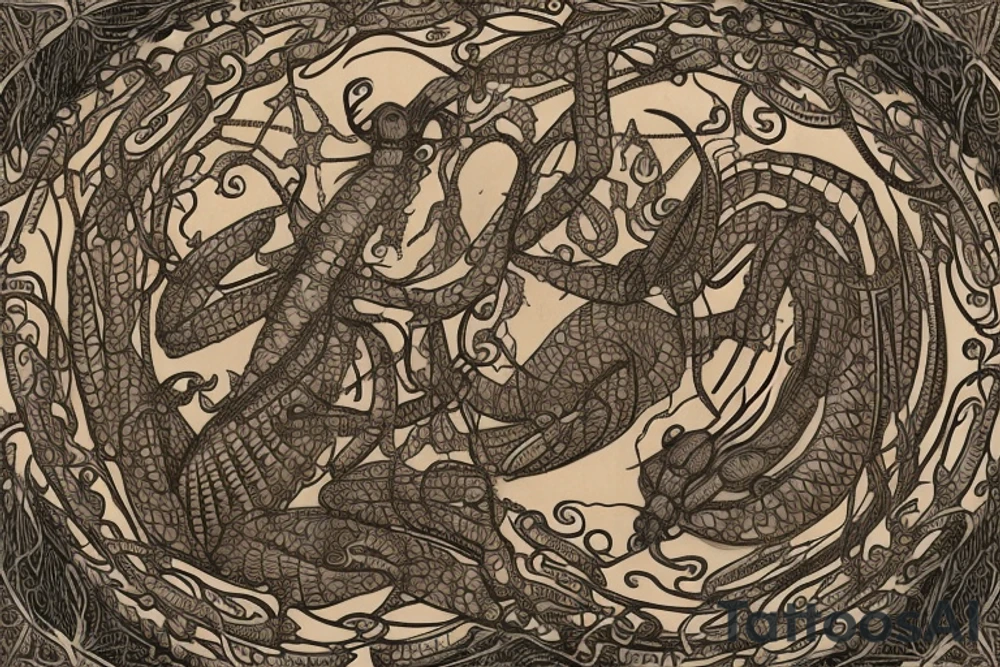The tattoo is a large and intricate design that covers his upper back. The central image is that of a praying mantis, which represents the Thri-Kreen spirit that Ryul met in the ancient grove. The mantis is depicted in great detail, with its long and slender body, sharp claws, and large compound eyes.

Surrounding the praying mantis are several other images, such as a dragonfly, a butterfly and a ladybug, all of which are insects that Ryul holds dear. The tattoo also includes images of different plants, such as a fern, a rose and a lily, which symbolize his connection to nature.

The tattoo also includes a few symbols such as a druidic circle, a spiral and a crescent moon, that represent his druidic beliefs and his connection to the natural world. The overall design is done in shades of green and brown, to represent the forest and the earth. tattoo idea