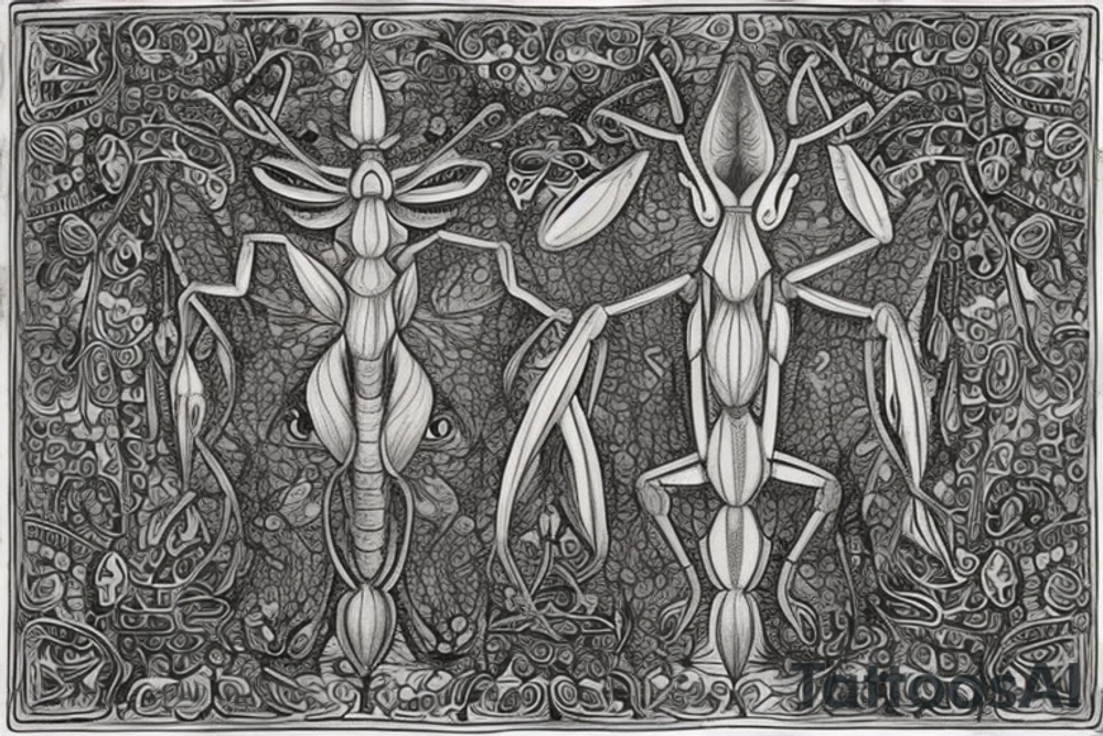 The tattoo is a large and intricate design that covers his upper back. The central image is that of a praying mantis, which represents the Thri-Kreen spirit that Ryul met in the ancient grove. The mantis is depicted in great detail, with its long and slender body, sharp claws, and large compound eyes.

Surrounding the praying mantis are several other images, such as a dragonfly, a butterfly and a ladybug, all of which are insects that Ryul holds dear. The tattoo also includes images of different plants, such as a fern, a rose and a lily, which symbolize his connection to nature.

The tattoo also includes a few symbols such as a druidic circle, a spiral and a crescent moon, that represent his druidic beliefs and his connection to the natural world. The overall design is done in shades of green and brown, to represent the forest and the earth. tattoo idea