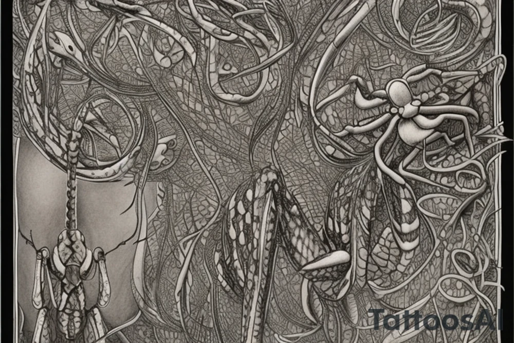 The tattoo is a large and intricate design that covers his upper back. The central image is that of a praying mantis, which represents the Thri-Kreen spirit that Ryul met in the ancient grove. The mantis is depicted in great detail, with its long and slender body, sharp claws, and large compound eyes.

Surrounding the praying mantis are several other images, such as a dragonfly, a butterfly and a ladybug, all of which are insects that Ryul holds dear. The tattoo also includes images of different plants, such as a fern, a rose and a lily, which symbolize his connection to nature.

The tattoo also includes a few symbols such as a druidic circle, a spiral and a crescent moon, that represent his druidic beliefs and his connection to the natural world. The overall design is done in shades of green and brown, to represent the forest and the earth. tattoo idea