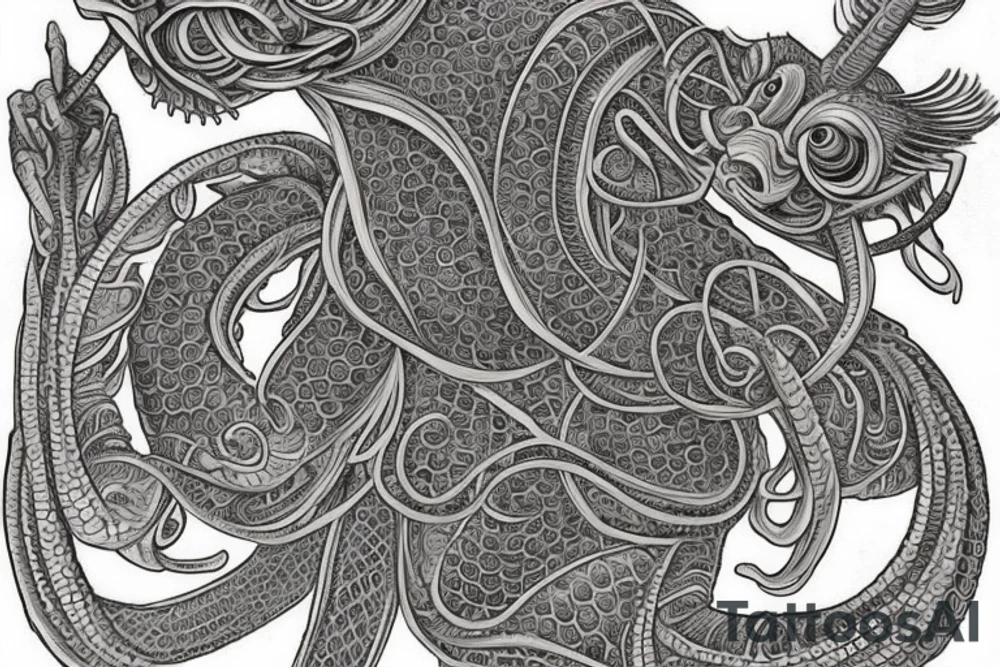 The tattoo is a large and intricate design that covers his upper back. The central image is that of a praying mantis, which represents the Thri-Kreen spirit that Ryul met in the ancient grove. The mantis is depicted in great detail, with its long and slender body, sharp claws, and large compound eyes.

Surrounding the praying mantis are several other images, such as a dragonfly, a butterfly and a ladybug, all of which are insects that Ryul holds dear. The tattoo also includes images of different plants, such as a fern, a rose and a lily, which symbolize his connection to nature.

The tattoo also includes a few symbols such as a druidic circle, a spiral and a crescent moon, that represent his druidic beliefs and his connection to the natural world. The overall design is done in shades of green and brown, to represent the forest and the earth. tattoo idea
