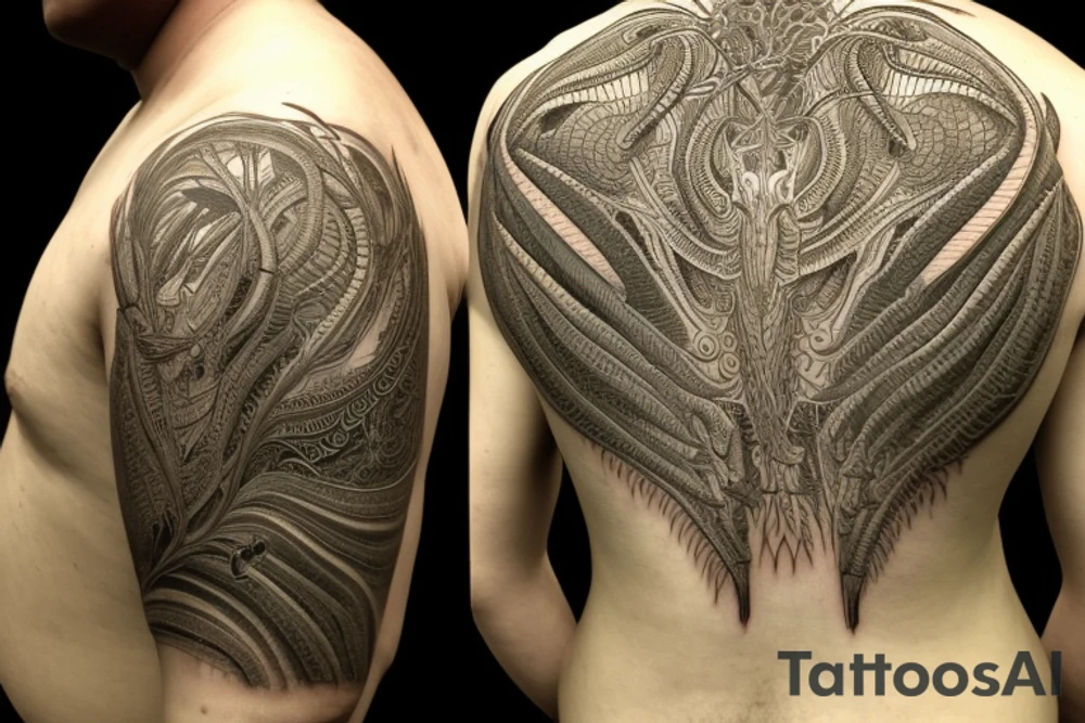 The tattoo is a large and intricate design that covers his upper back. The central image is that of a praying mantis, which represents the Thri-Kreen spirit that Ryul met in the ancient grove. The mantis is depicted in great detail, with its long and slender body, sharp claws, and large compound eyes.

Surrounding the praying mantis are several other images, such as a dragonfly, a butterfly and a ladybug, all of which are insects that Ryul holds dear. The tattoo also includes images of different plants, such as a fern, a rose and a lily, which symbolize his connection to nature.

The tattoo also includes a few symbols such as a druidic circle, a spiral and a crescent moon, that represent his druidic beliefs and his connection to the natural world. The overall design is done in shades of green and brown, to represent the forest and the earth. tattoo idea