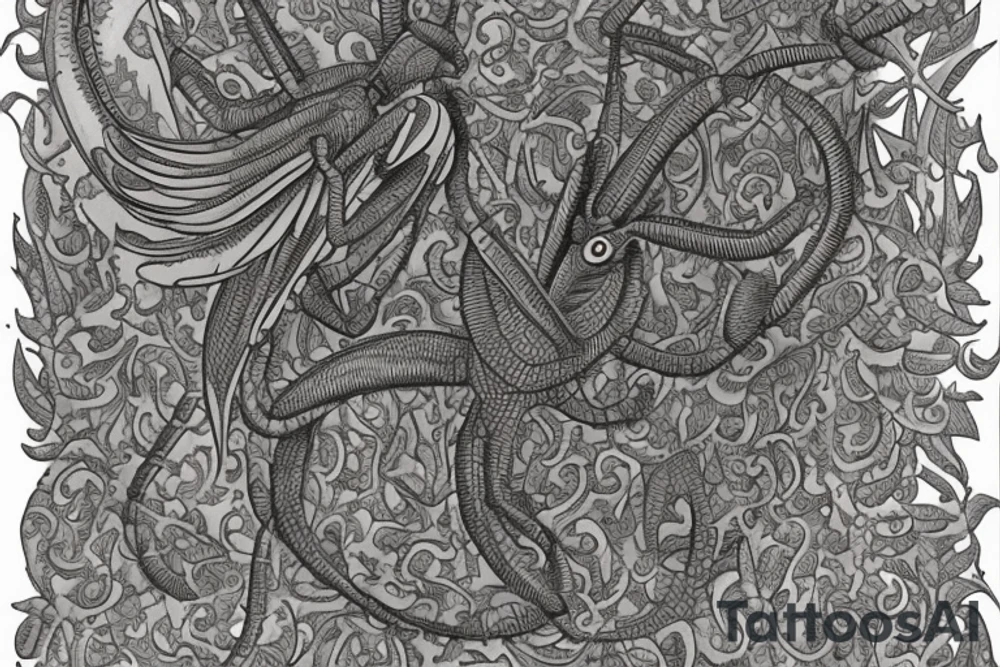The tattoo is a large and intricate design that covers his upper back. The central image is that of a praying mantis, which represents the Thri-Kreen spirit that Ryul met in the ancient grove. The mantis is depicted in great detail, with its long and slender body, sharp claws, and large compound eyes.

Surrounding the praying mantis are several other images, such as a dragonfly, a butterfly and a ladybug, all of which are insects that Ryul holds dear. The tattoo also includes images of different plants, such as a fern, a rose and a lily, which symbolize his connection to nature.

The tattoo also includes a few symbols such as a druidic circle, a spiral and a crescent moon, that represent his druidic beliefs and his connection to the natural world. The overall design is done in shades of green and brown, to represent the forest and the earth. tattoo idea