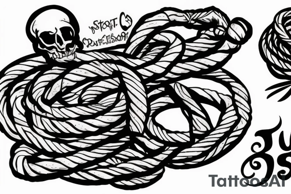 a taut rope with a large stone attached to one end and a man on the other tattoo idea