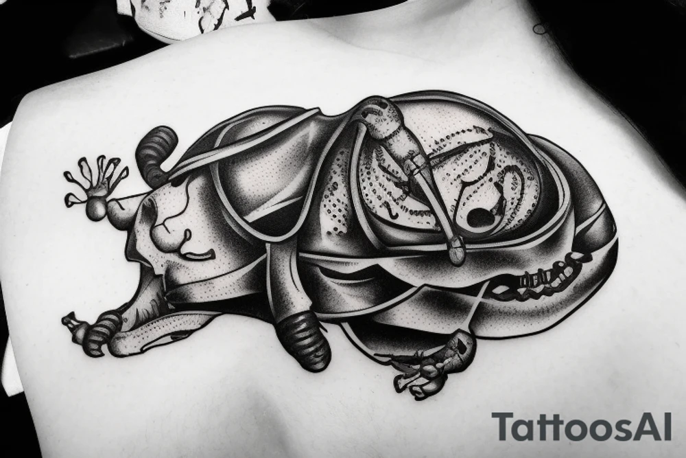 hippo skull with a dung beetle on top tattoo idea