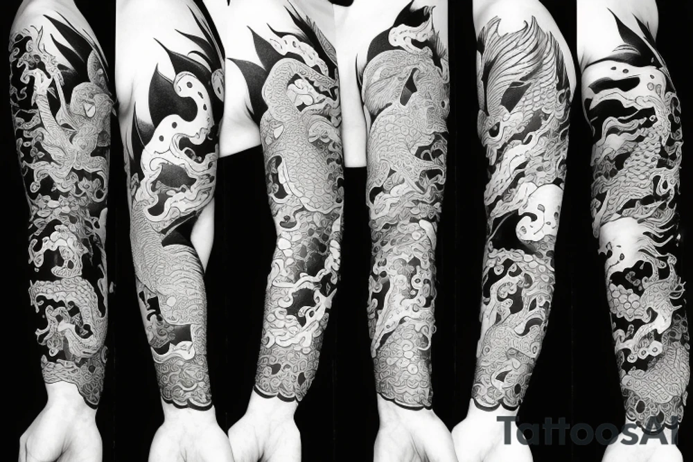 Dragon and koi fish arm sleeve tattoo idea