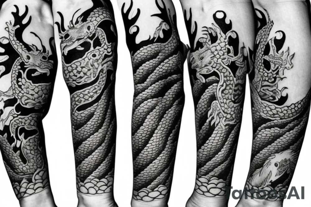 Dragon and koi fish arm sleeve tattoo idea