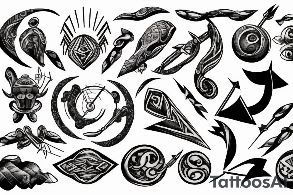 BOW AND ARROW WITH ELEMENTAL SYMBOLS tattoo idea