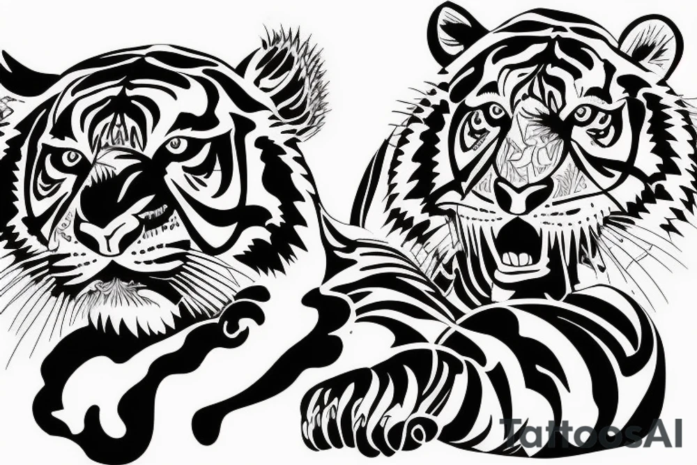 Wild and furious tiger hunting and jumping sideways laterally tattoo idea