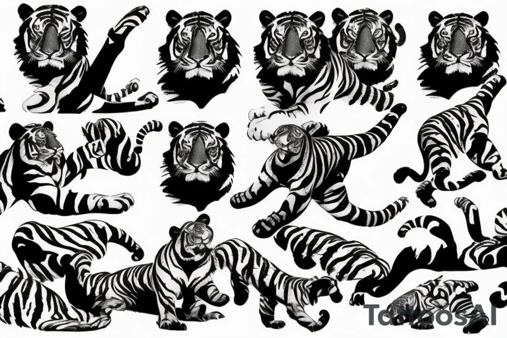 Wild and furious tiger hunting and jumping sideways laterally tattoo idea