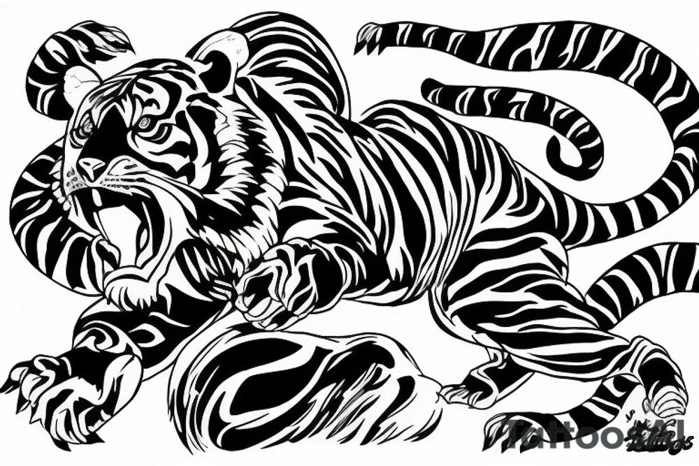 Wild tiger jumping sideways tattoo idea