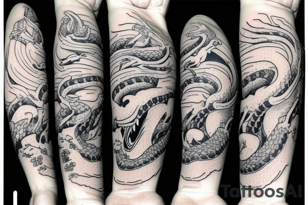 Snake jumping with open mouth bitting streched tattoo idea