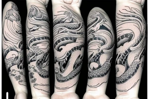 Snake jumping with open mouth bitting streched tattoo idea