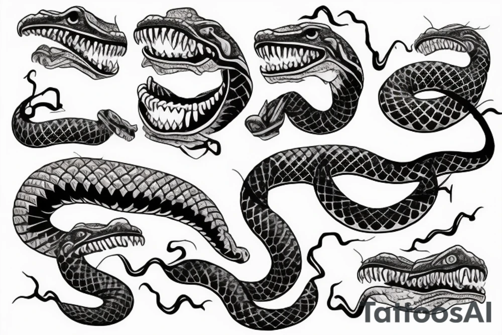 Snake jumping with open mouth bitting streched tattoo idea