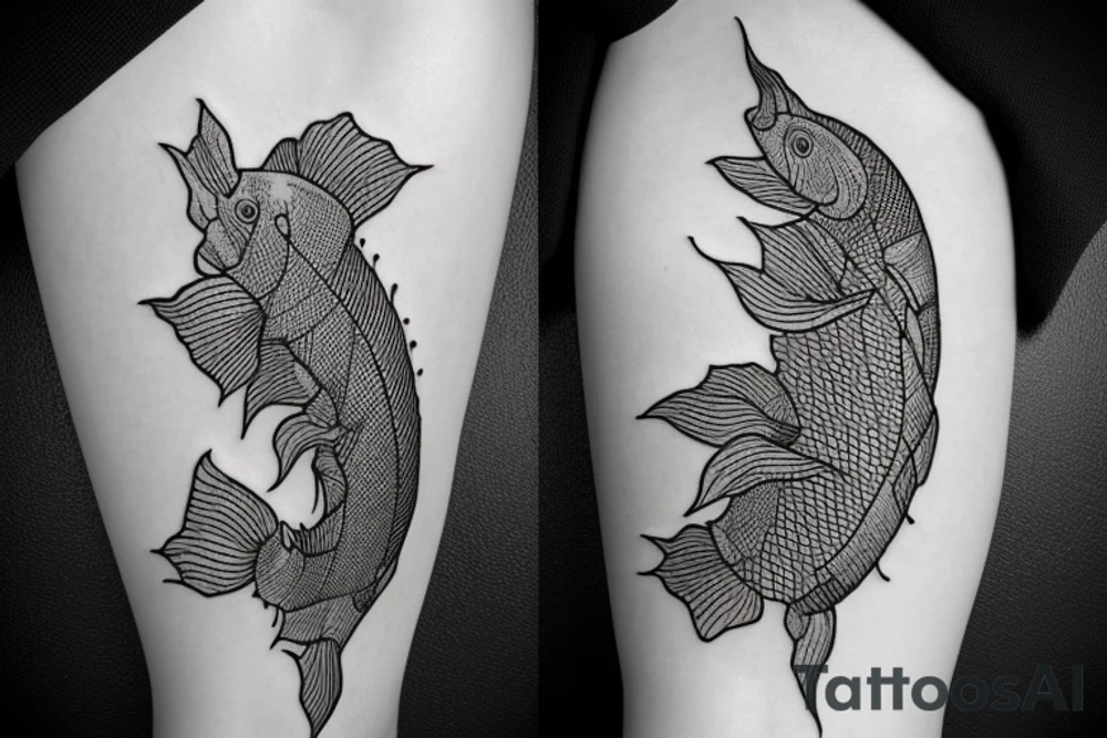 Arapaima with flowers in the middle of the body, black and red tattoo idea