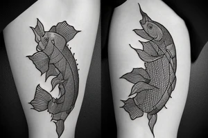 Arapaima with flowers in the middle of the body, black and red tattoo idea