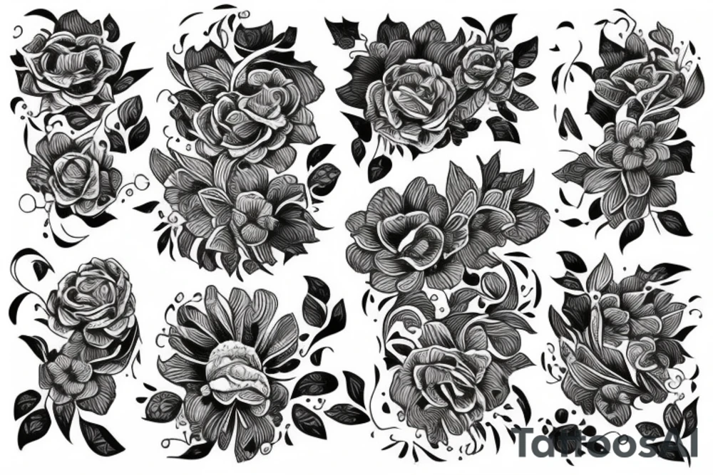 piraraucu with flowers in the middle of the body, black tattoo idea