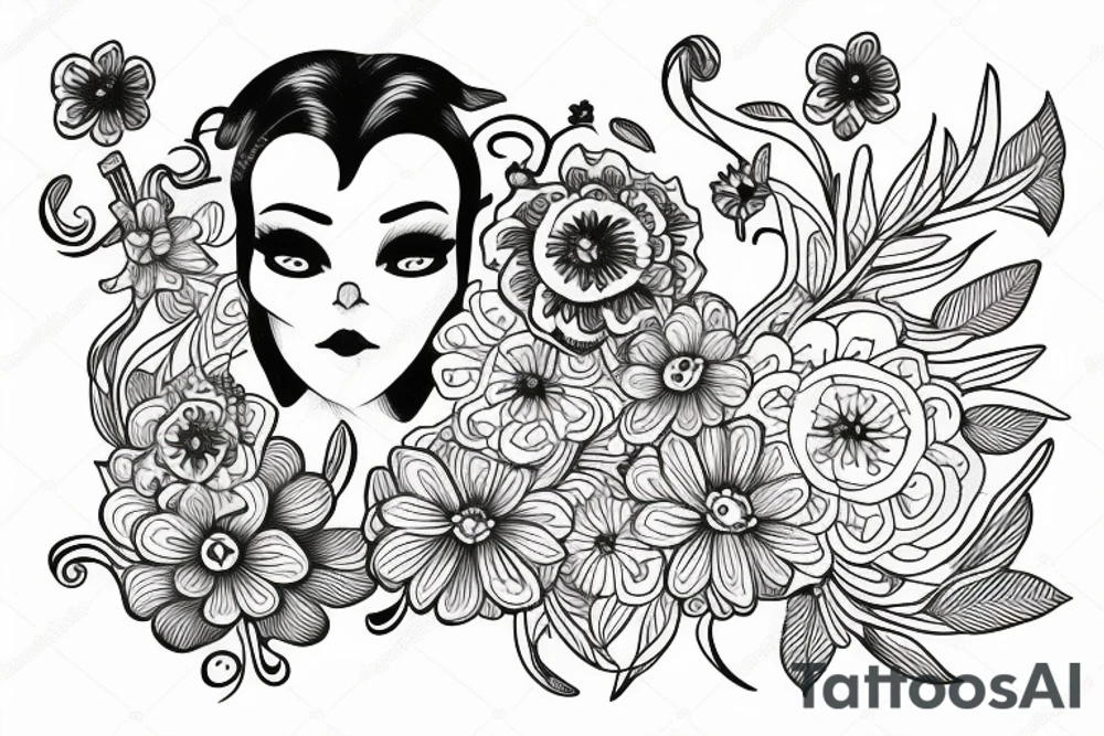 pirarucu with flowers in the middle of the body, black tattoo idea