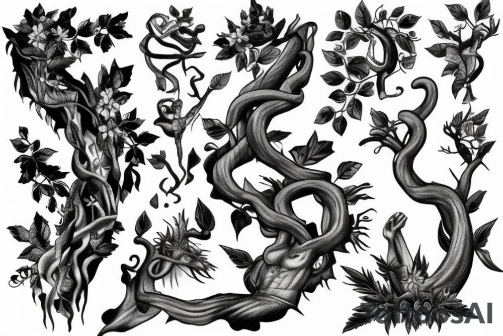 arm to collarbone vines and man climbing the vines tattoo idea