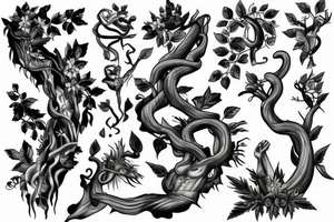 arm to collarbone vines and man climbing the vines tattoo idea