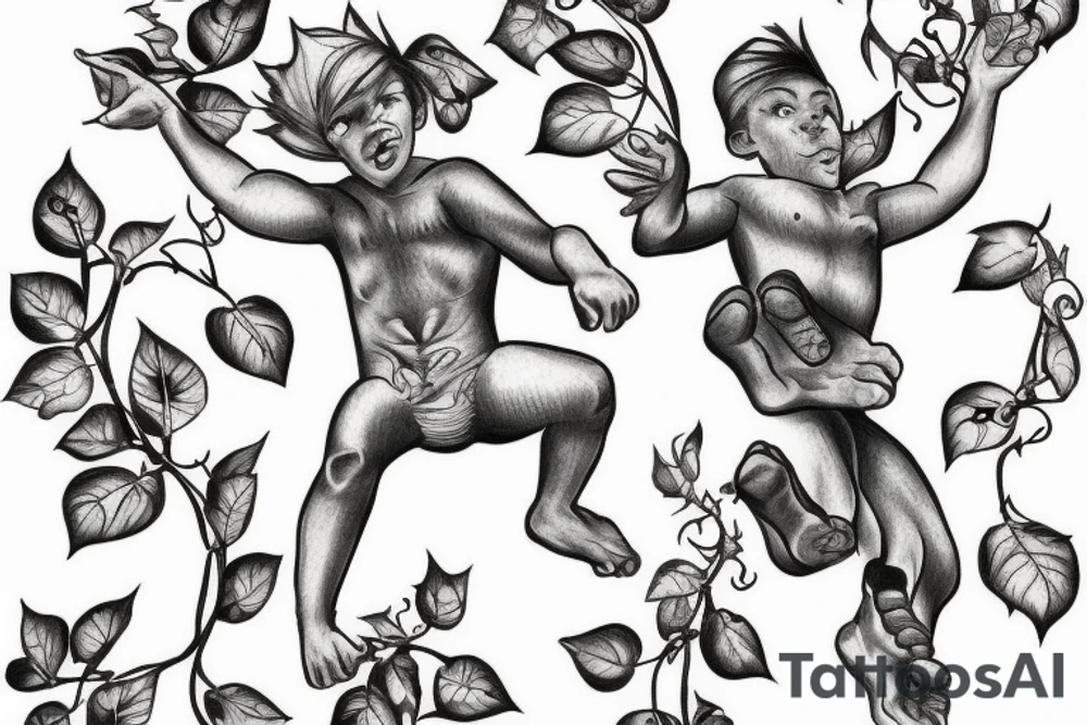 little man jumping from vine to vine tattoo idea