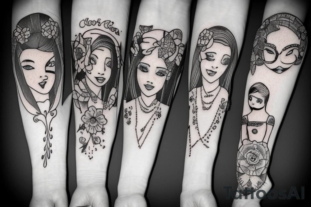 Design a family tattoo with the names Cloe Kiera nevaeh Cora addisyn Lilith tattoo idea