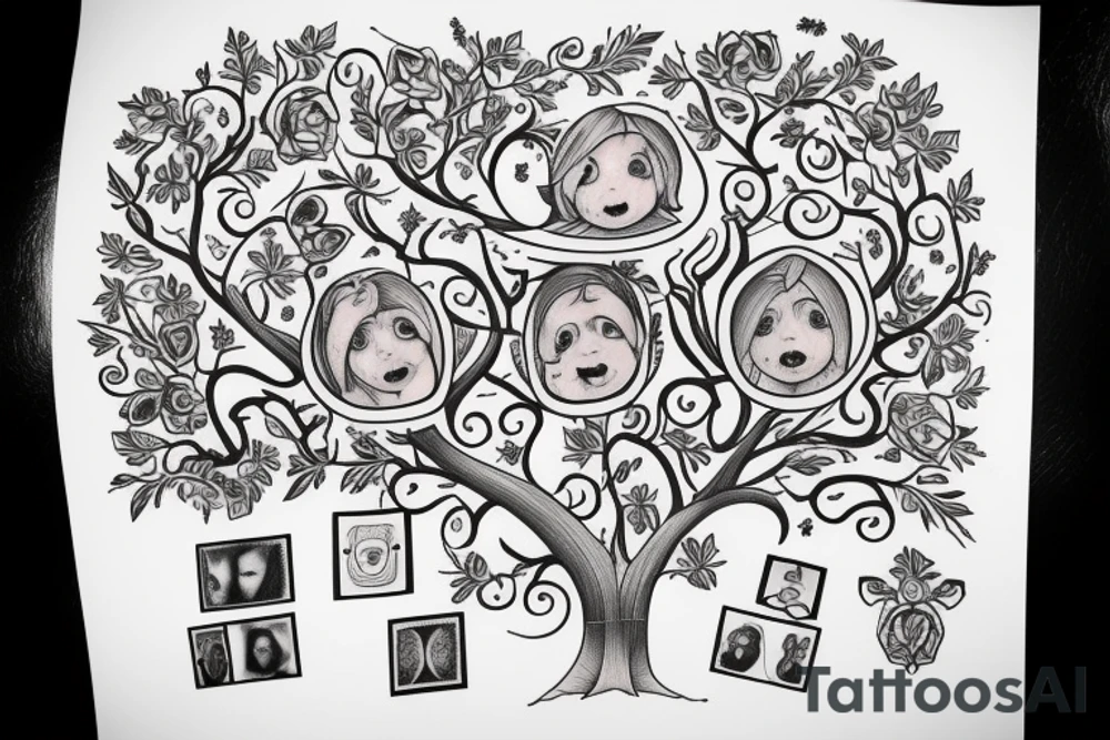 Design a family tree tattoo with the names Cloe Kiera nevaeh Cora addisyn Lilith tattoo idea