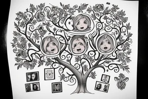 Design a family tree tattoo with the names Cloe Kiera nevaeh Cora addisyn Lilith tattoo idea