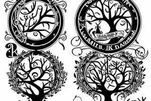 Design a family tree tattoo with the names Cloe Kiera nevaeh Cora addisyn Lilith tattoo idea