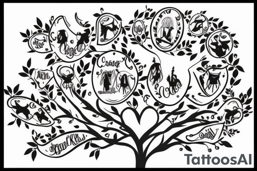 Design a family tree tattoo with the names Cloe Kiera nevaeh Cora addisyn Lilith tattoo idea