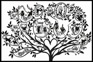 Design a family tree tattoo with the names Cloe Kiera nevaeh Cora addisyn Lilith tattoo idea