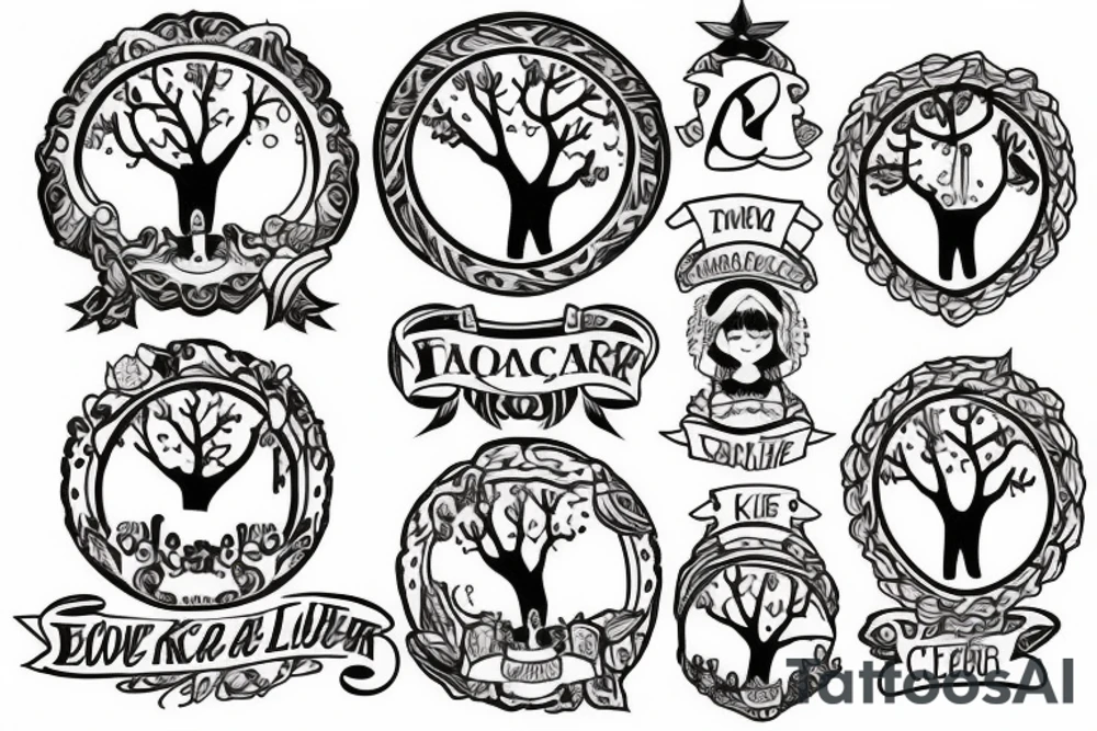 Design a family tree tattoo with the names Cloe Kiera nevaeh Cora addisyn Lilith tattoo idea