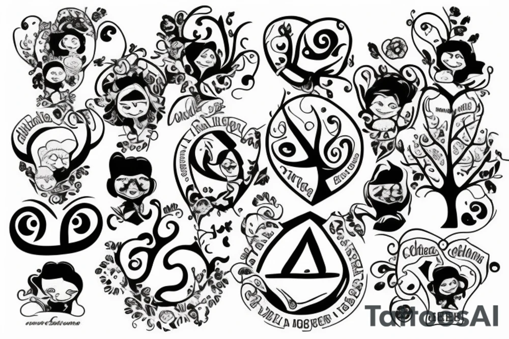 Design a family tree tattoo with the names Cloe Kiera nevaeh Cora addisyn Lilith tattoo idea