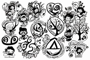 Design a family tree tattoo with the names Cloe Kiera nevaeh Cora addisyn Lilith tattoo idea