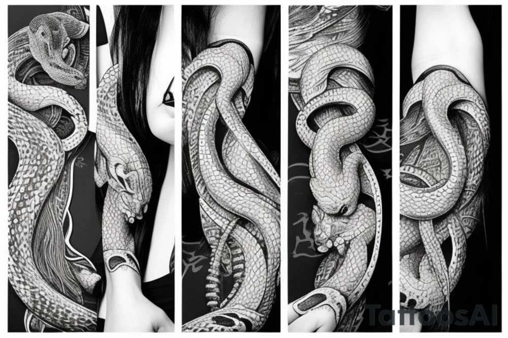 Wild snake with detailed head bites tattoo idea