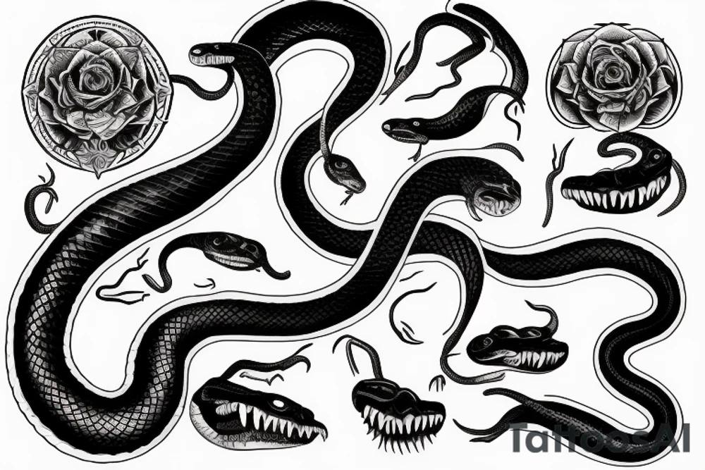 Wild snake with detailed head bites tattoo idea