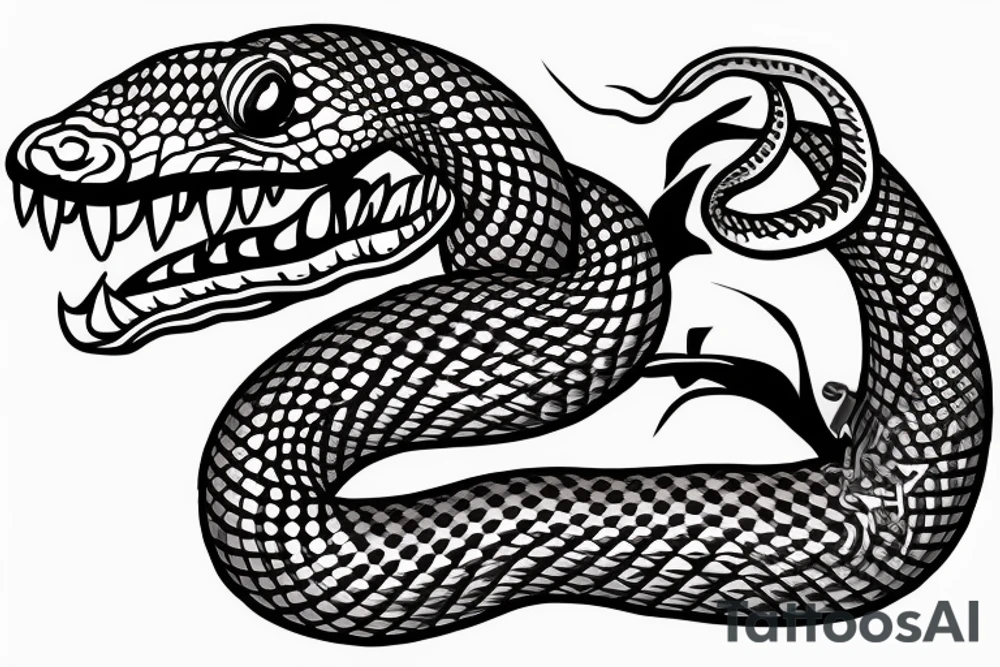 Snake with detailed head bites tattoo idea