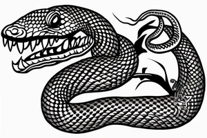 Snake with detailed head bites tattoo idea