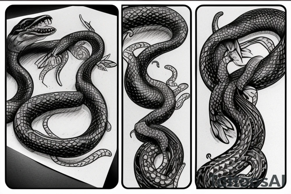 Snake with detailed head bites tattoo idea