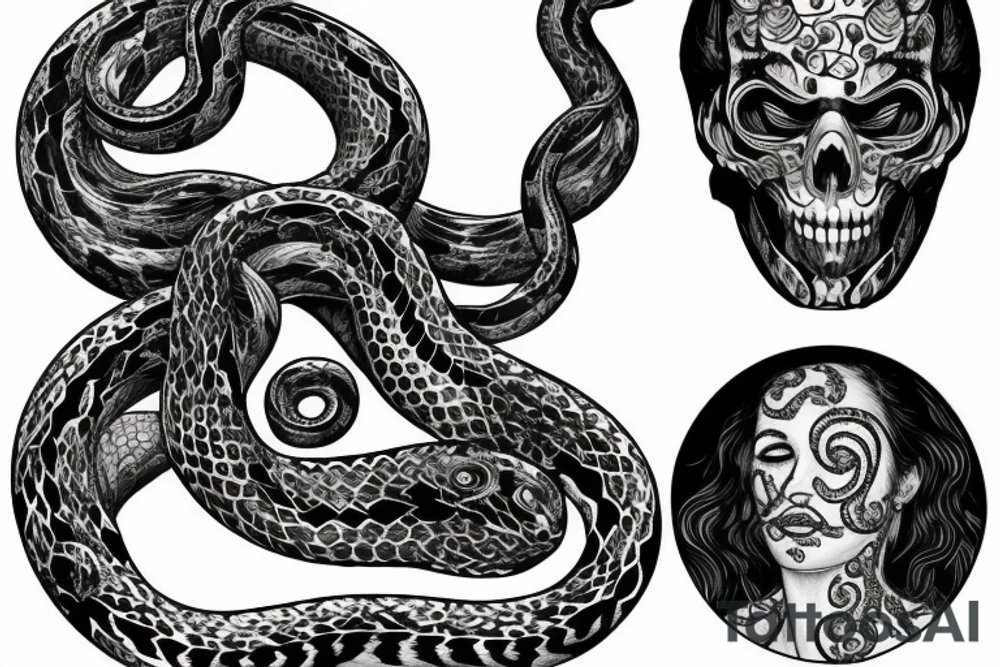 Snake with detailed head bites tattoo idea