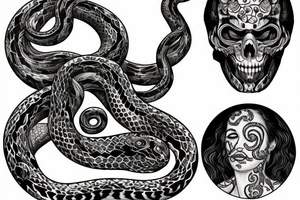 Snake with detailed head bites tattoo idea
