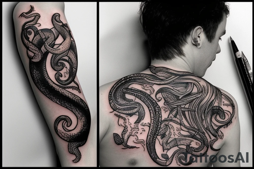 Snake with detailed head bites tattoo idea
