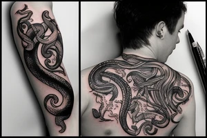 Snake with detailed head bites tattoo idea