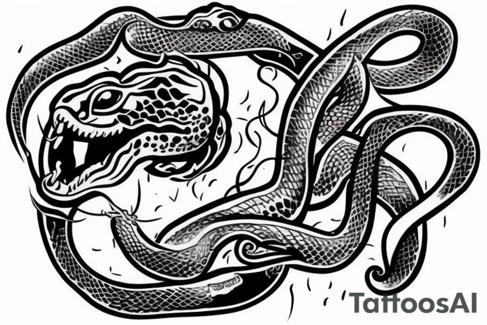 Snake with detailed head bites tattoo idea