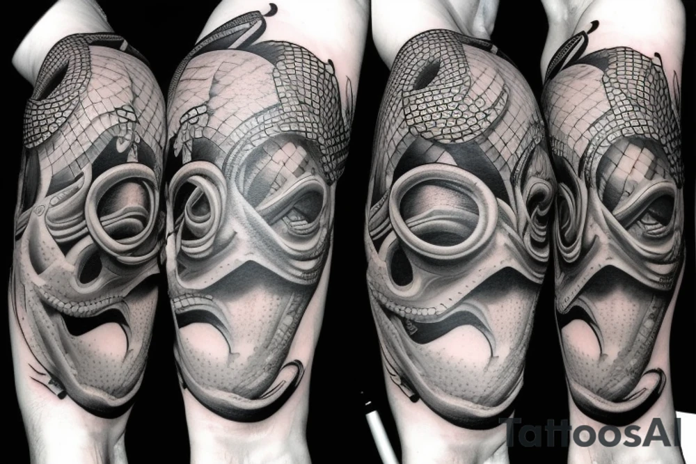 Snake with detailed head bites tattoo idea