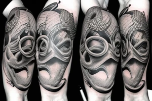 Snake with detailed head bites tattoo idea